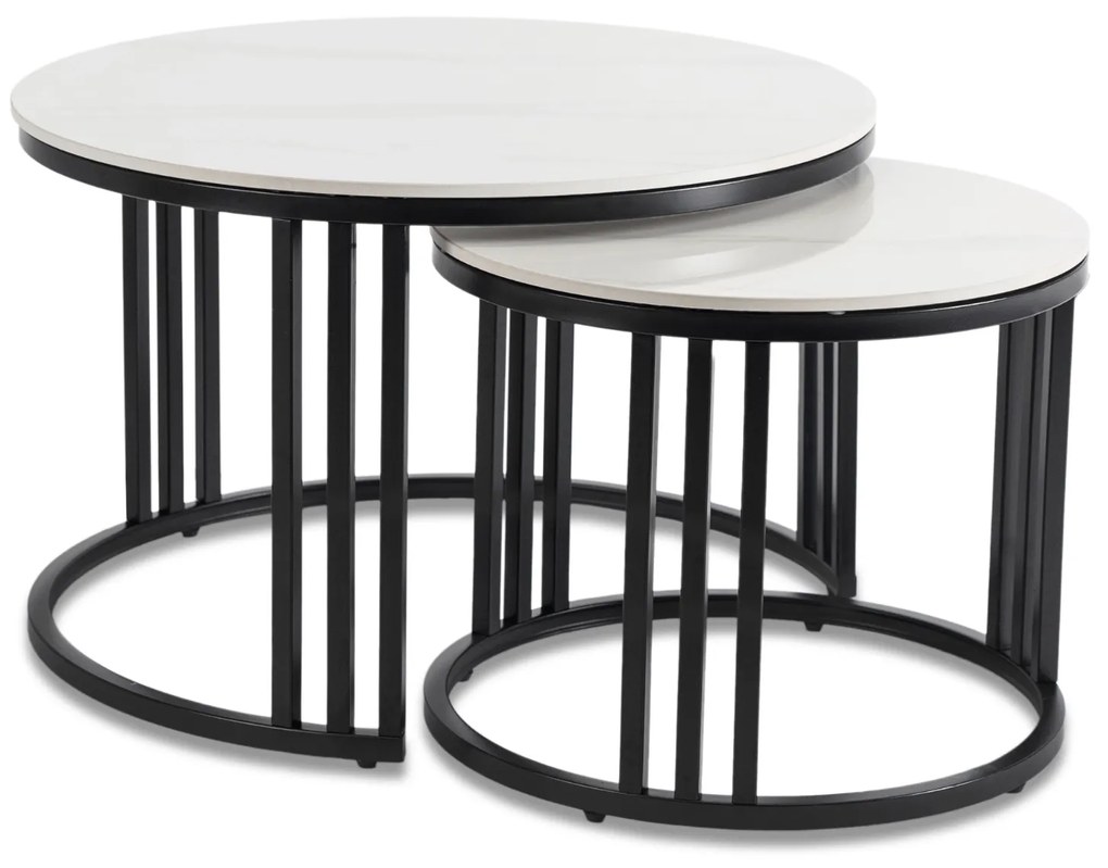 Zestaw Stolików Kawowych JERRY Biały Marmur/Czarny do Salonu Nowoczesny