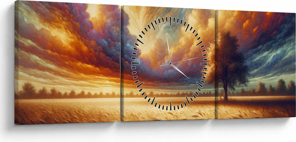 Obraz – Drzewo na polu (z zegarem) (90x30 cm)