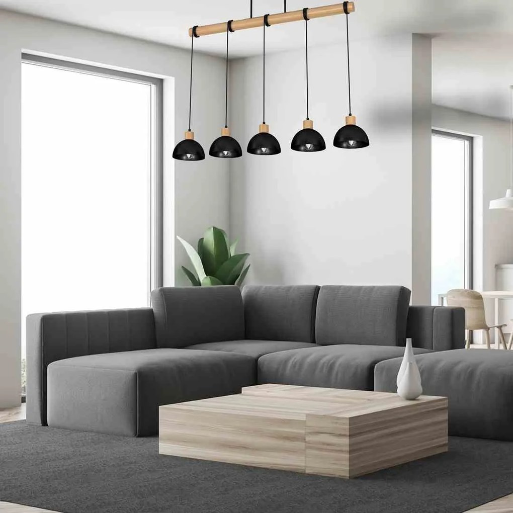 Lampa wisząca, czarna, drewno, 5 kloszy ERIK Black/Wood 5xE27