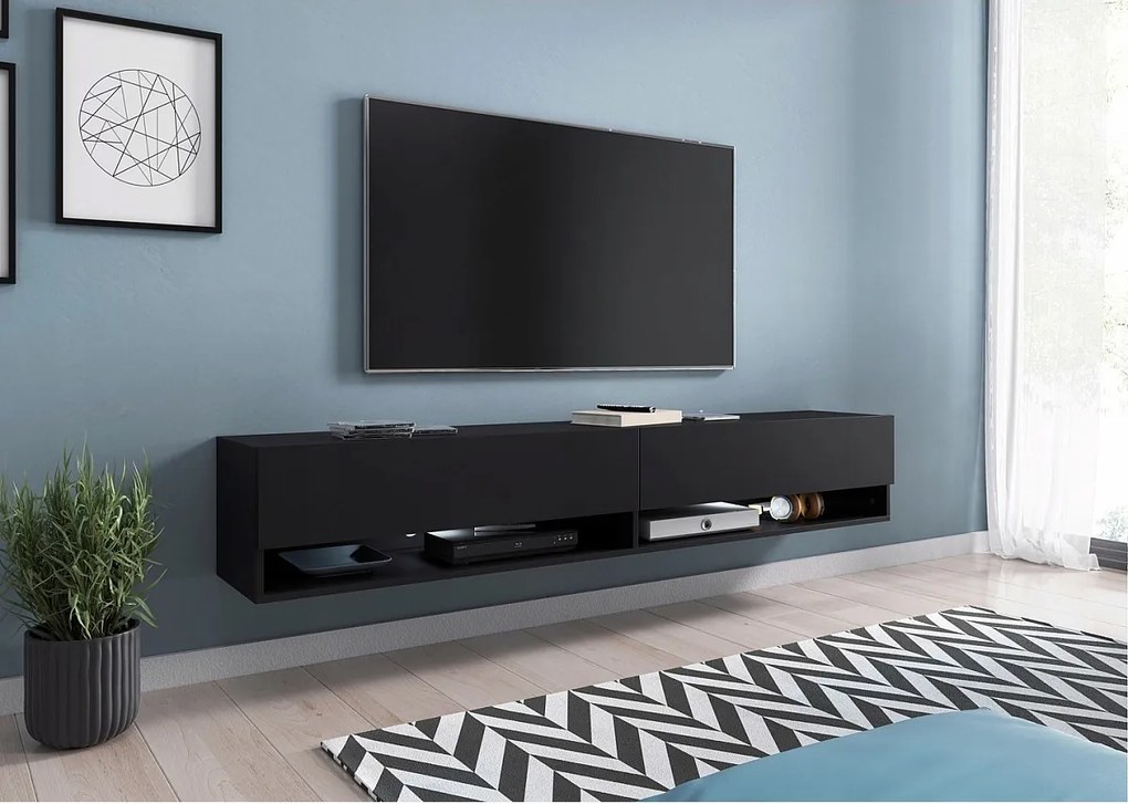 Nowoczesna szafka RTV 180 cm z LED – bezuchwytowa czarny mat stojąca lub wisząca