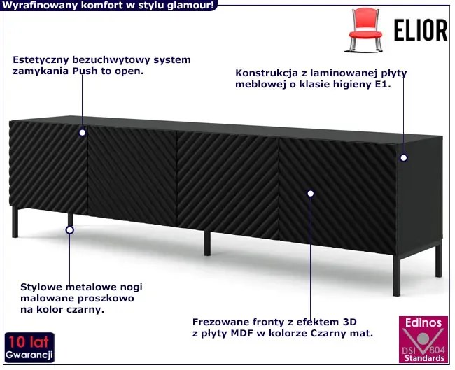 Szafka rtv w stylu glamour czarny mat + czarne nóżki - Resa 7X
