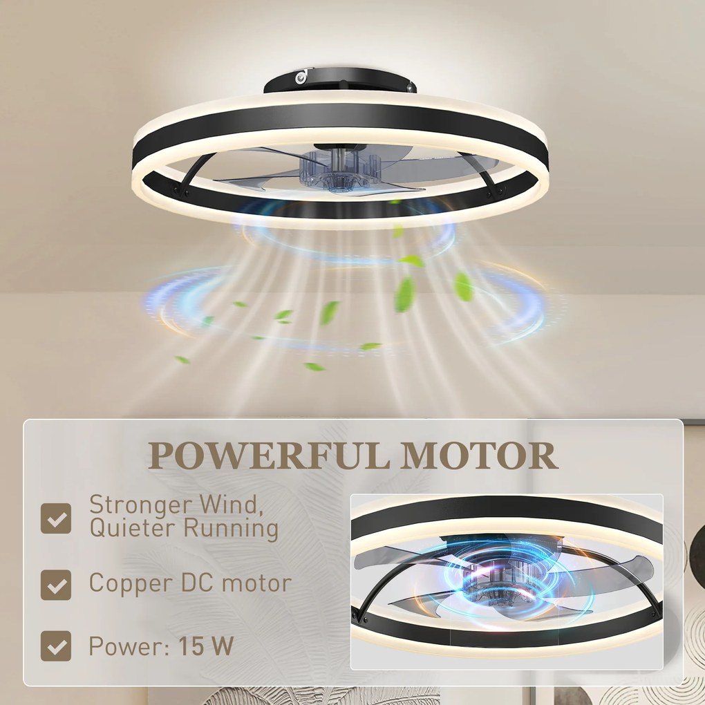 HOMCOM Wentylator sufitowy z oświetleniem i pilotem, LED Wentylator sufitowy z 3 temperaturami barw, 6 prędkościami, 50 cm | Aosom PL