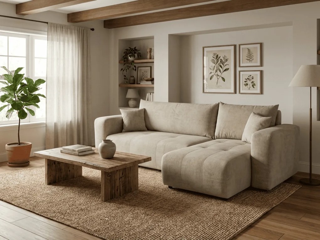 Beżowa rozkładana narożna sofa SORELA, dwustronna + 2 poduszki GRATIS