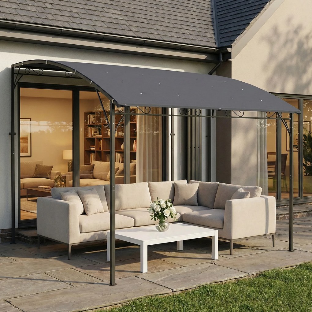 Outsunny Pergola przylegająca z metalową ramą i wodoodpornym dachem, montowana na ścianie, odporna na warunki pogodowe, 2,86 x 3,84 x 2,52 m, szara | Aosom PL