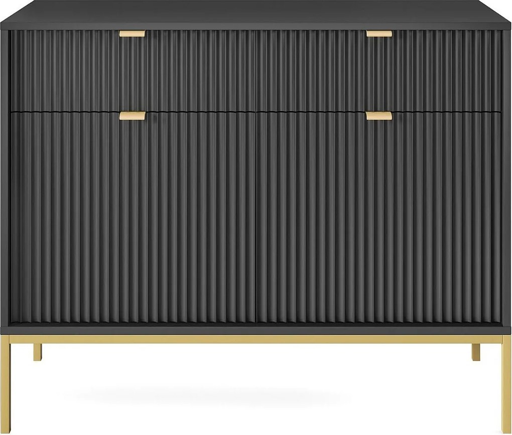Komoda: 2 szuflady, 2 drzwi, czarna, złota, 104 x 83 x 39 cm, złote uchwyty