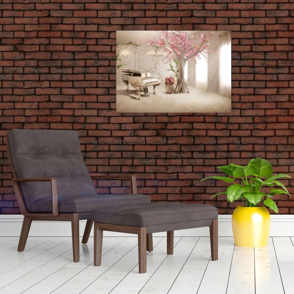 Obraz na szkle - Wymarzone wnętrze z fortepianem (70x50 cm)
