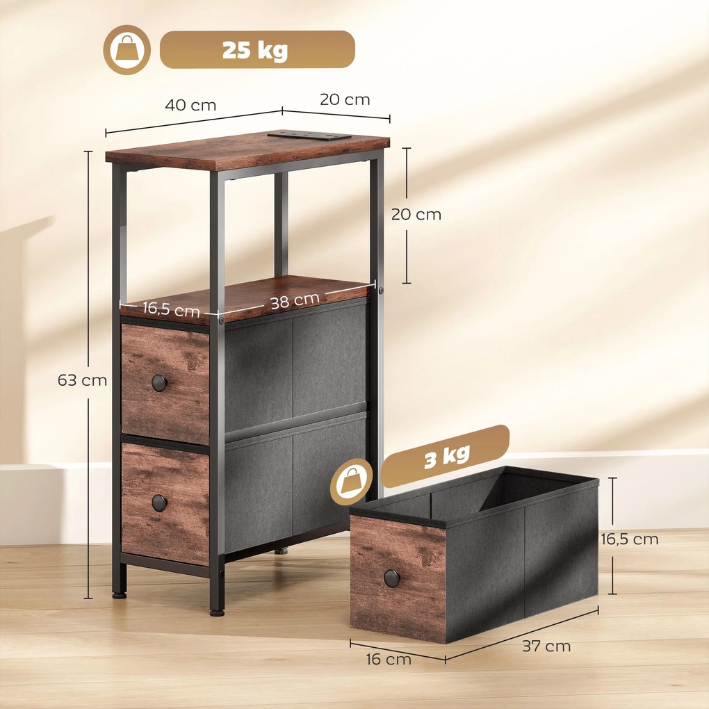 HOMCOM Stolik kawowy/stolik boczny ze stacją ładującą, stalowa rama, 2 szuflady z tkaniny, otwarta półka, 20cm x 40cm x 63cm, Rustykalny brąz | Aosom PL