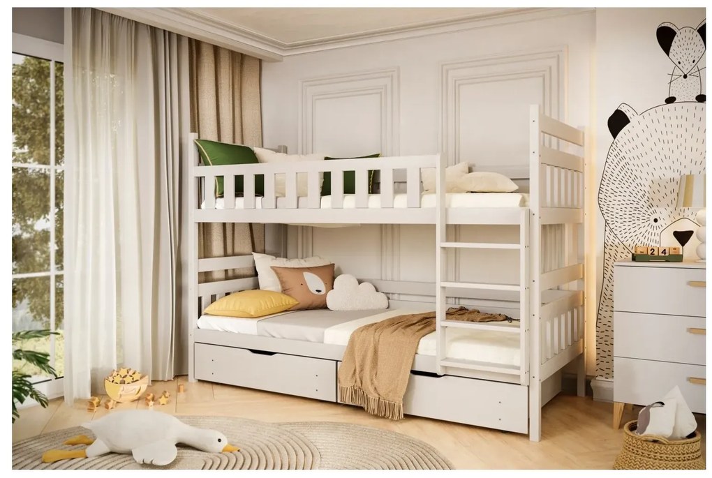 Łóżko piętrowe BARTEK 200x80 białe drewniane z szufladami KOCOT KIDS