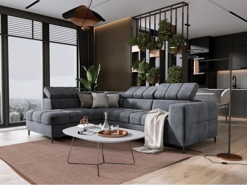 Narożnik PABLOS układ L strona Lewa w tkaninie CLOUD 91 regulowane zagłówki z funkcją spania