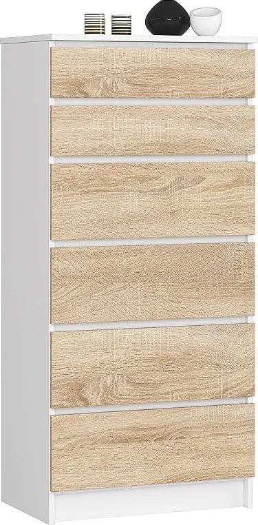 Komoda AKORD K60 Biała 60 cm 6 szuflad kolor Dąb Sonoma mat 60x40x130 cm