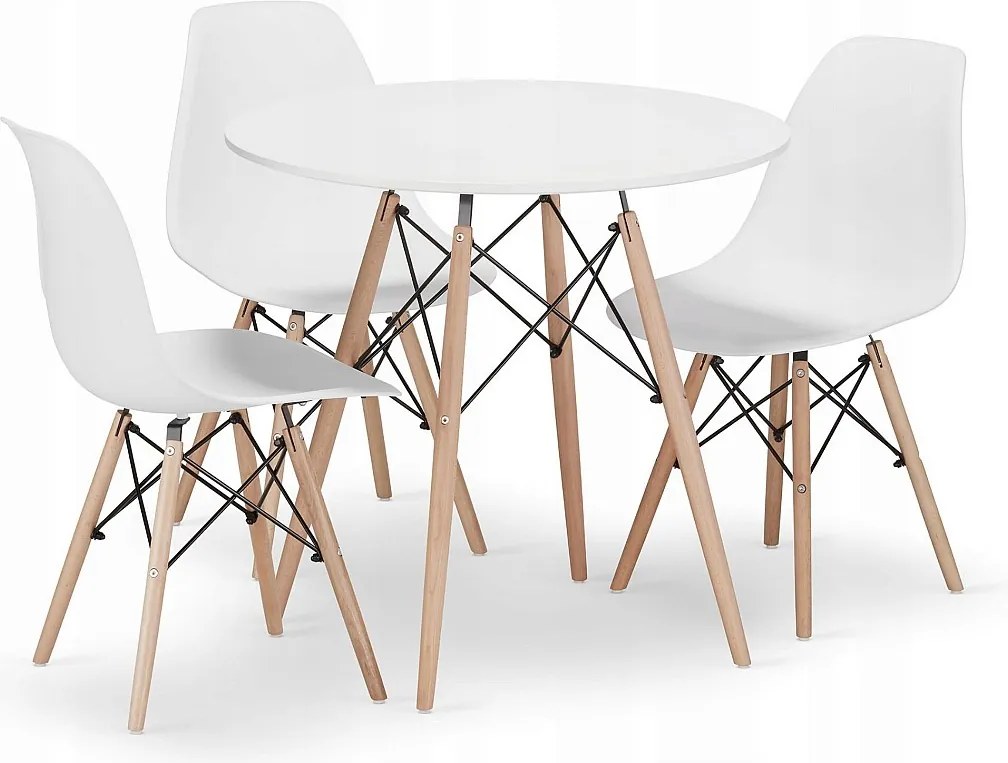 Valora KOVA Ø80 Biały okrągły stół z nogami bukowymi + 3 krzesła OSAKA