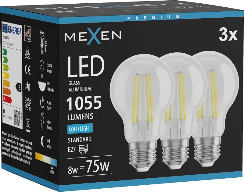 Mexen Vintis 3x żarówka filament LED E27, A60, 8W, Zimna - 6500K, 1055 lm, clear - L150-E27-0865-00x03