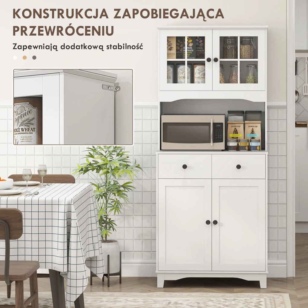 HOMCOM Biała szafka kuchenna wolnostojąca z blatem na mikrofalówkę i ekspres do kawy drzwi szklane | Aosom PL