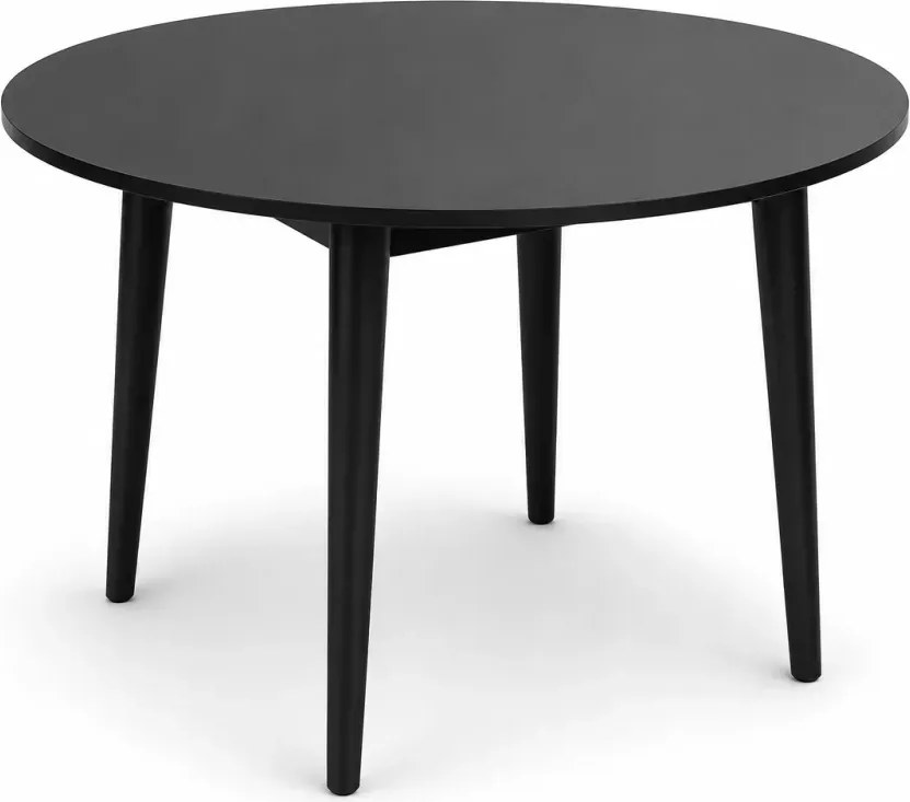 Elegancki stół okrągły 100 cm Haven, blat z płyty laminowanej i drewniane nogi do małego salonu