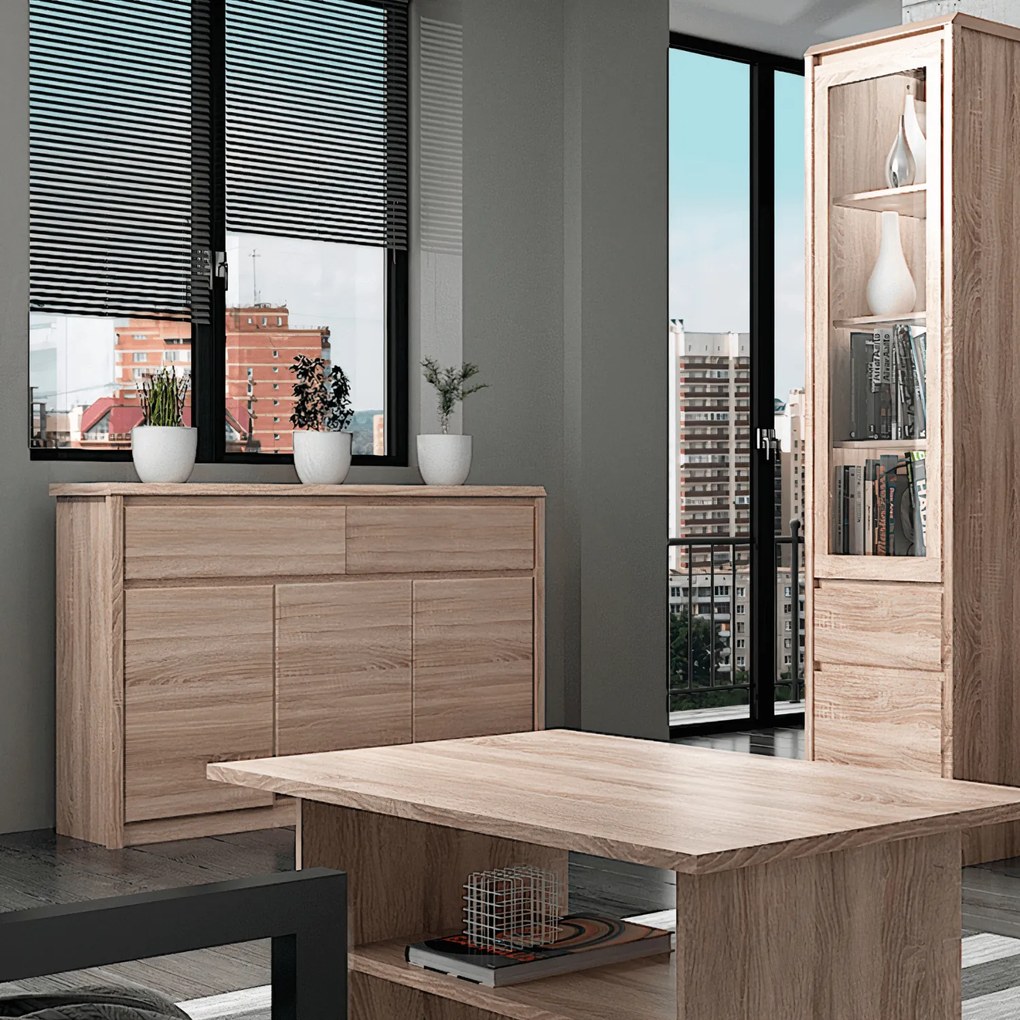 Komoda Trzydrzwiowa z Szufladami Drewniana do Salonu MAURA 127 cm Dąb sonoma Loft