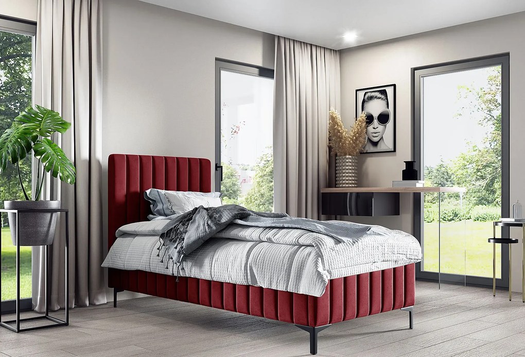 Czerwone welurowe jednoosobowe łóżko pikowane E4-N63