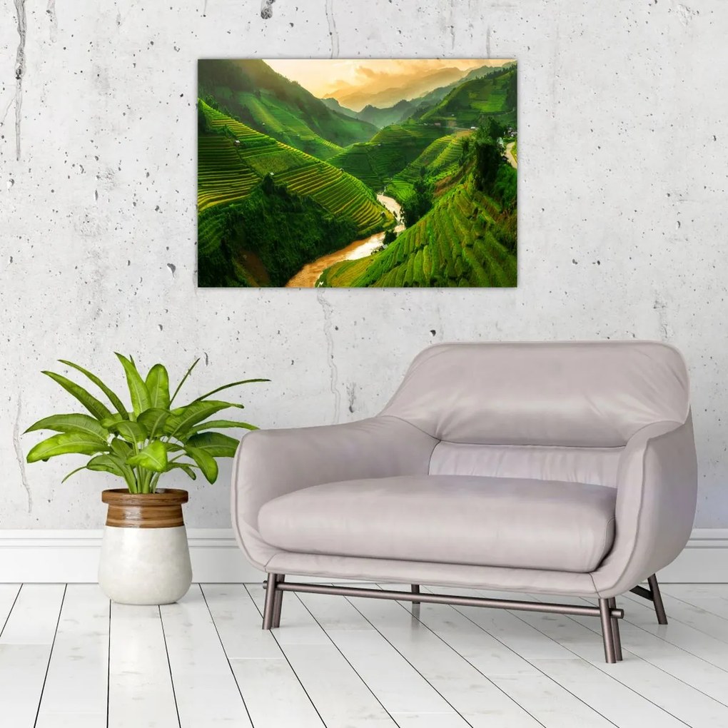 Obraz na szkle - Tarasy ryżowe Mu Cang Chai (70x50 cm)