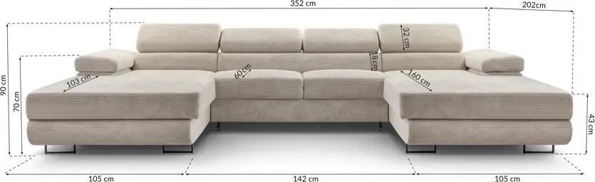 Masseno Narożnik GIULIO z funkcją spania i pojemnikiem na pościel Narozniki U, Rozkładana sofa - Szary, POSO 60