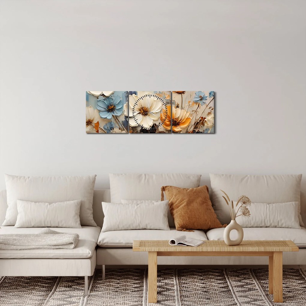 Obraz - Bukiety, malarstwo (z zegarem) (90x30 cm)