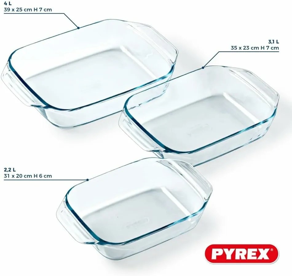 Zestaw szklanych naczyń żaroodpornych Pyrex, 3szt., 2 l + 3 l + 4 l