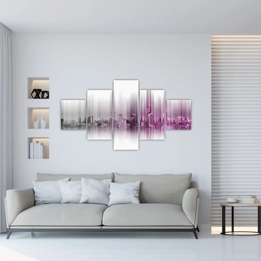 Obraz - Panorama miasta, różowo-  szara (125x70 cm)