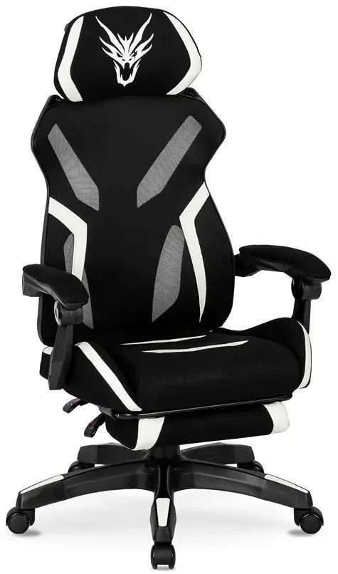 Czarno-biały fotel z podnóżkiem dla gracza A5-M03