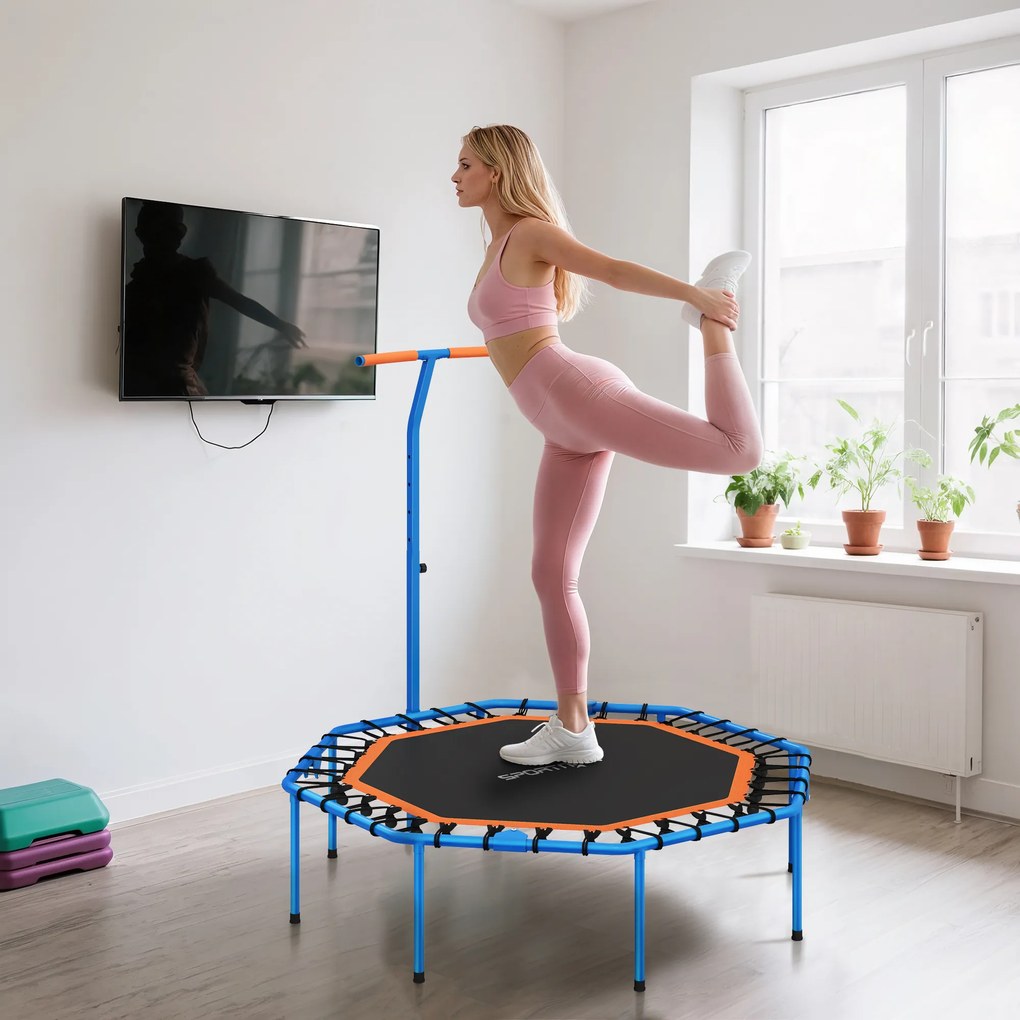 SPORTNOW Fitness-Trampolin, Treningstrampolin z regulowanym uchwytem, stabilny i cichy, do użytku wewnątrz, Stal, Niebieski