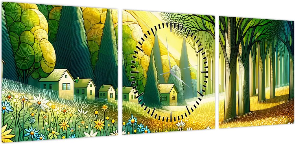 Obraz - Wieś w żółto-zielonym (z zegarem) (90x30 cm)