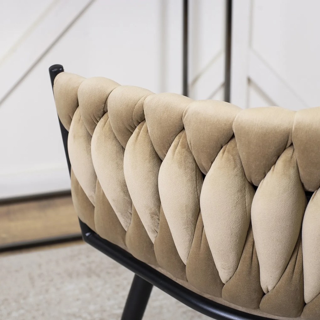 Krzesło Tapicerowane Plecione do Salonu EMPOLI Beżowe Welurowe Nowoczesne Loft