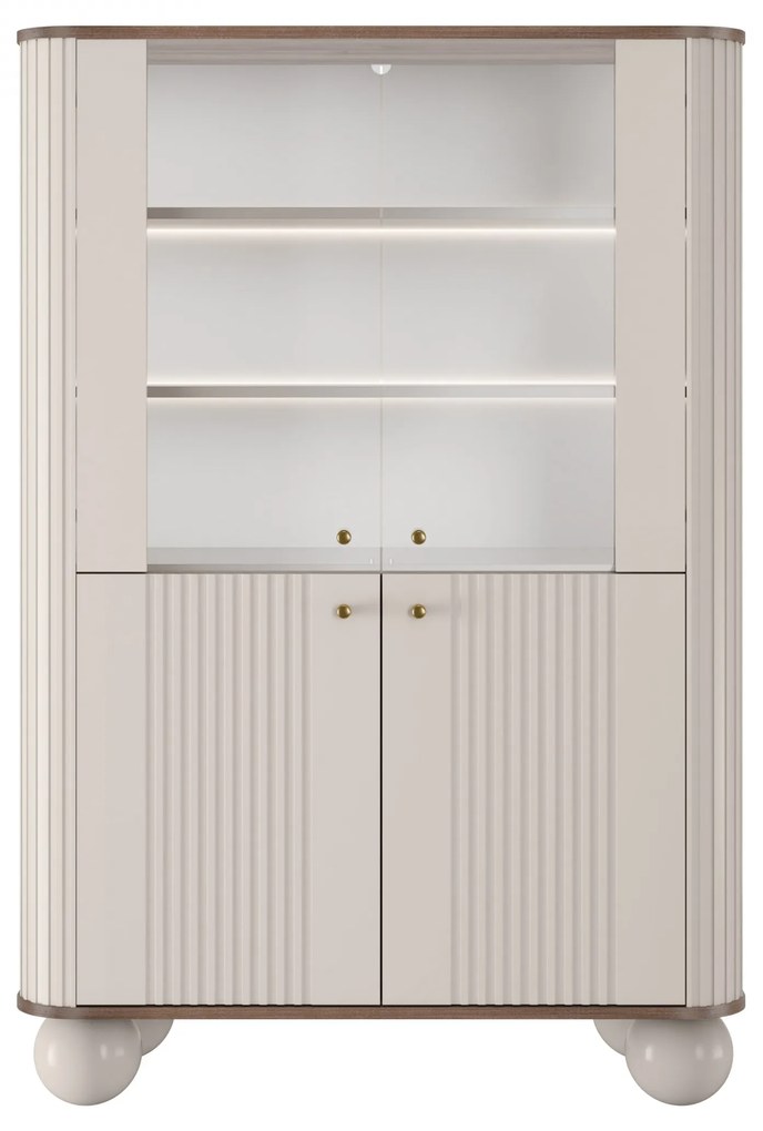 Witryna Vesper 103 cm czterodrzwiowa - kaszmir / orzech / złote uchwyty / nogi kule