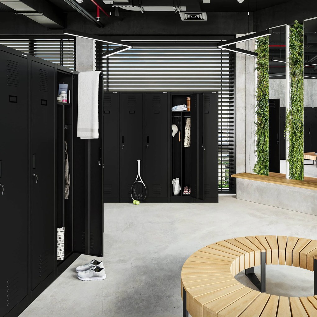 Szafka ubraniowa BHP czarna: czterokomorowa KACPER, 800 x 1800 x 500 mm