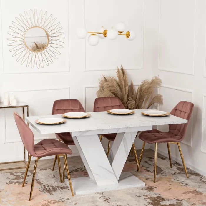 Stół Prostokątny Rozkładany CLARK 120-160 cm Biały Marmur Glamour