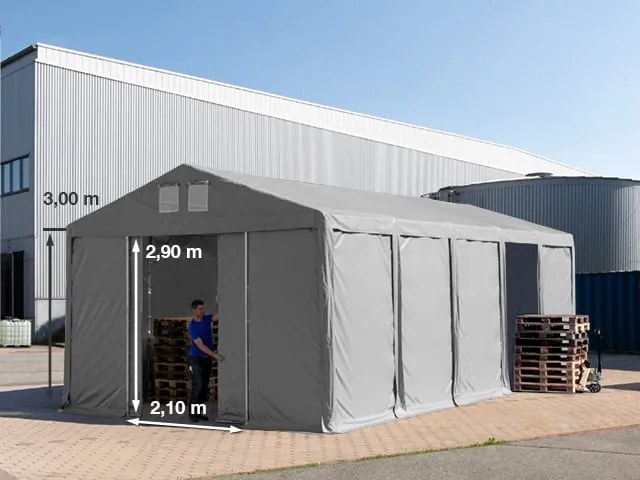 TOOLPORT 5x10m Namiot magazynowy - 3,0 m wysokość ścian bocznych z bramą przesuwną, PVC 850, szary, ze statyką (podłoże gruntowe) - (93786)