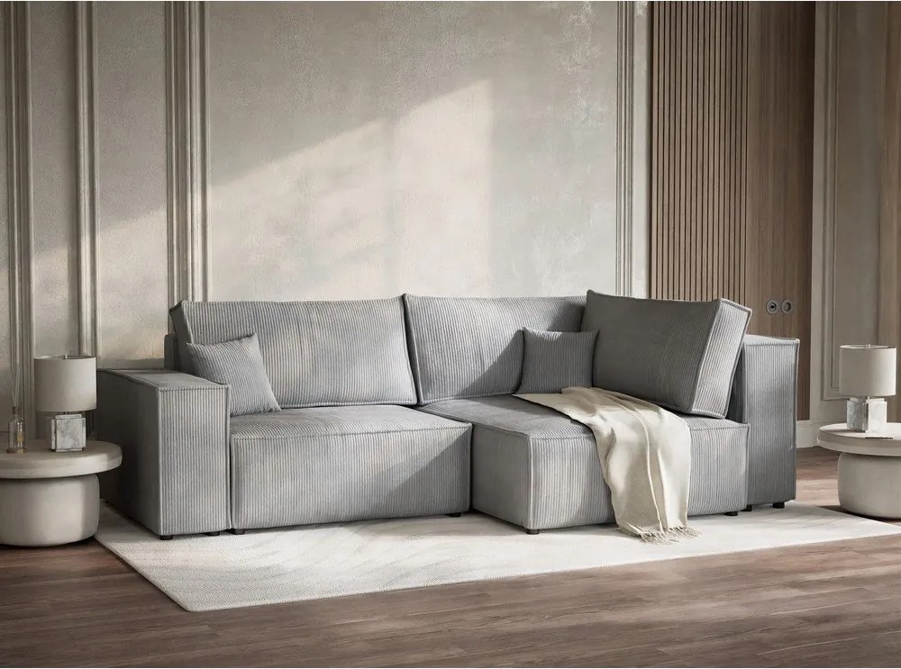 Szary sztruksowy rozkładany narożnik ze schowkiem (prawostronny/w kształcie litery L) Tonga – Maison de Rêve