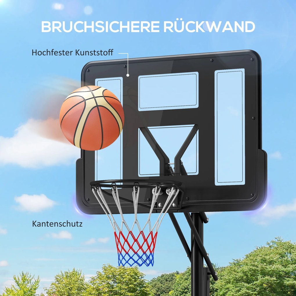 SPORTNOW Stojak na Koszykówkę, Regulowana Wysokość Kosza 235-305 cm, Podstawa na Kółkach do Wypełnienia, Czarny
