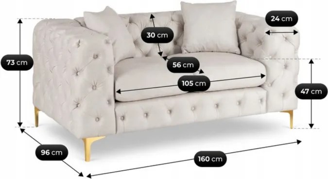 Sofa SORRENTO 2S Dwuosobowa Kremowa Welurowa Nowoczesna Glamour