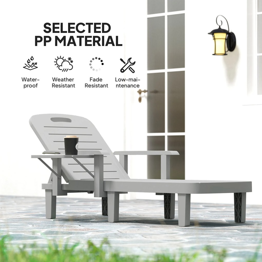 Outsunny Leżanka Ogrodowa z Bocznym Stolikiem i Regulowanym Oparciem, Jasnoszara