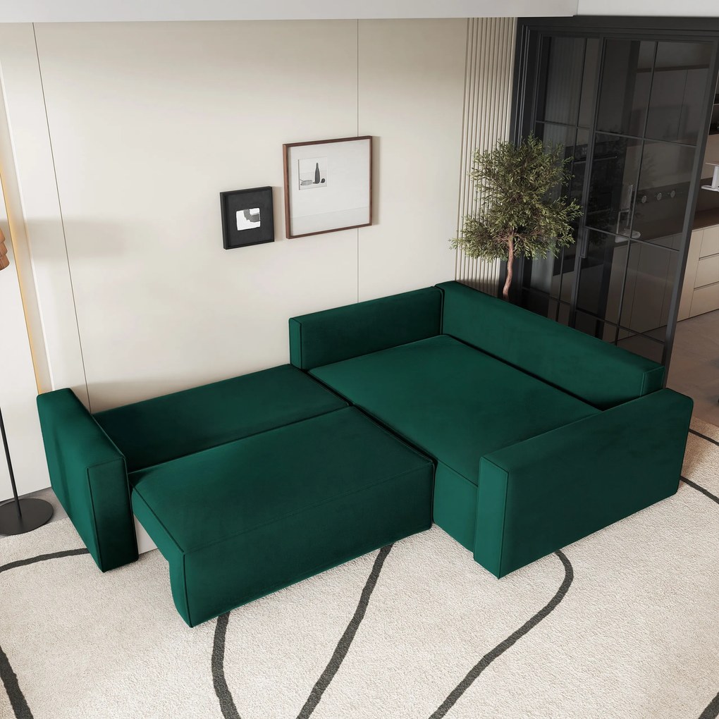 Masseno Narożnik ERONIS z funkcją spania i pojemnikiem na pościel Narozniki L, Rozkładana sofa - Butelkowa zieleń, MONOLITH 37