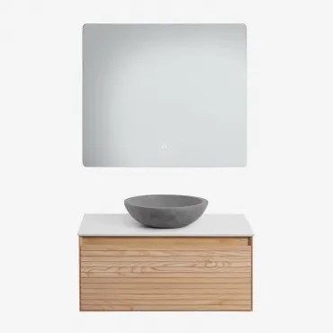 Zestaw Wiszących Mebli Łazienkowych Z Drewna Jesionowego Tedrik Popielaty Brąz & Okrągły Szary Cement - Sklum