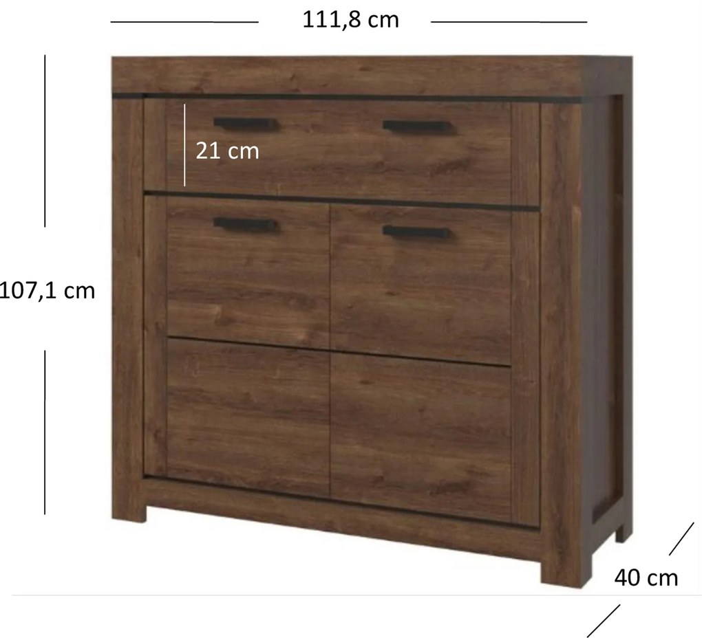 Komoda Dwudrzwiowa z Szufladą Drewniana do Salonu MYTH 112 cm Dąb brązowy Loft