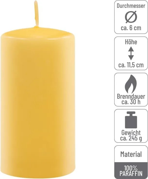 Zestaw świec słupkowych, 11,5 cm, Ø 6 cm, żółte, 12 szt.