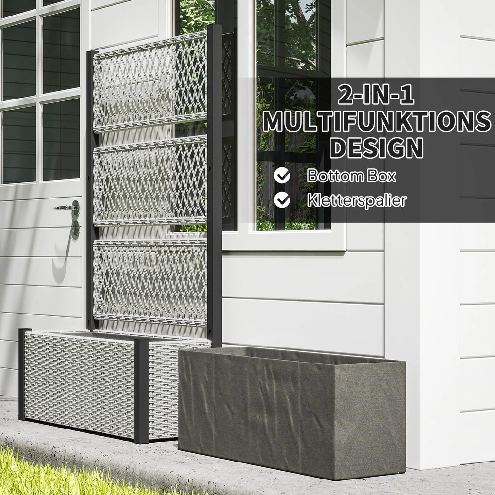 Outsunny Wysoki rabat z kratką w stylu rattanowym, skrzynia na rośliny z podporą 90 x 35 x 148cm Szary | Aosom PL