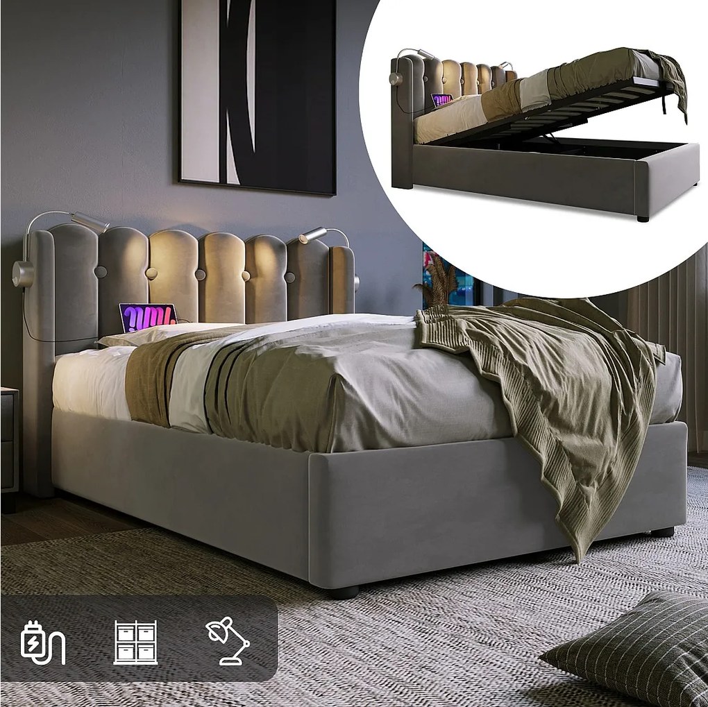 Łóżko ze schowkiem 90x200 cm - Szary aksamit - Łóżko dziecięce z lampką do czytania i portem ładowania - bez materaca