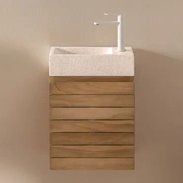 Zestaw Wiszących Mebli Łazienkowych Z Drewna Tekowego Z Umywalką Zintegrowaną Z Cementu Napier Drewno Tekowe - Sklum