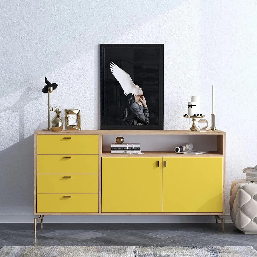 Komoda – 140 cm x 86 cm x 40 cm – Dąb i żółty – Płyta wiórowa pokryta melaminą