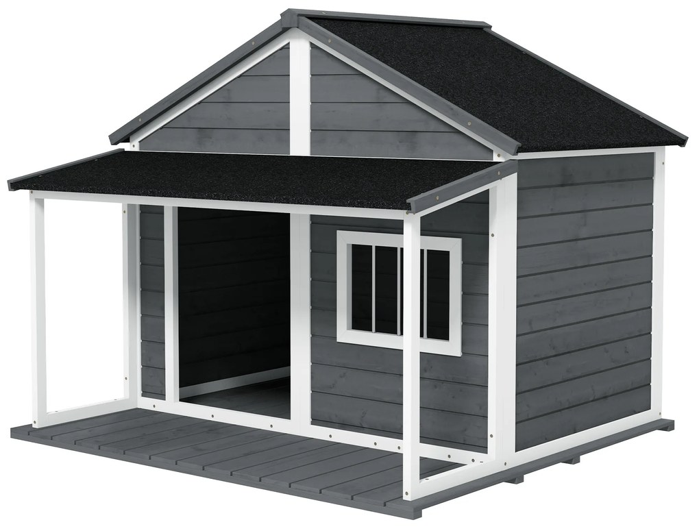 PawHut Domek dla psa na zewnątrz, z werandą, odporny na warunki pogodowe, 124 cm x 112 cm x 105 cm, Szary + Biały