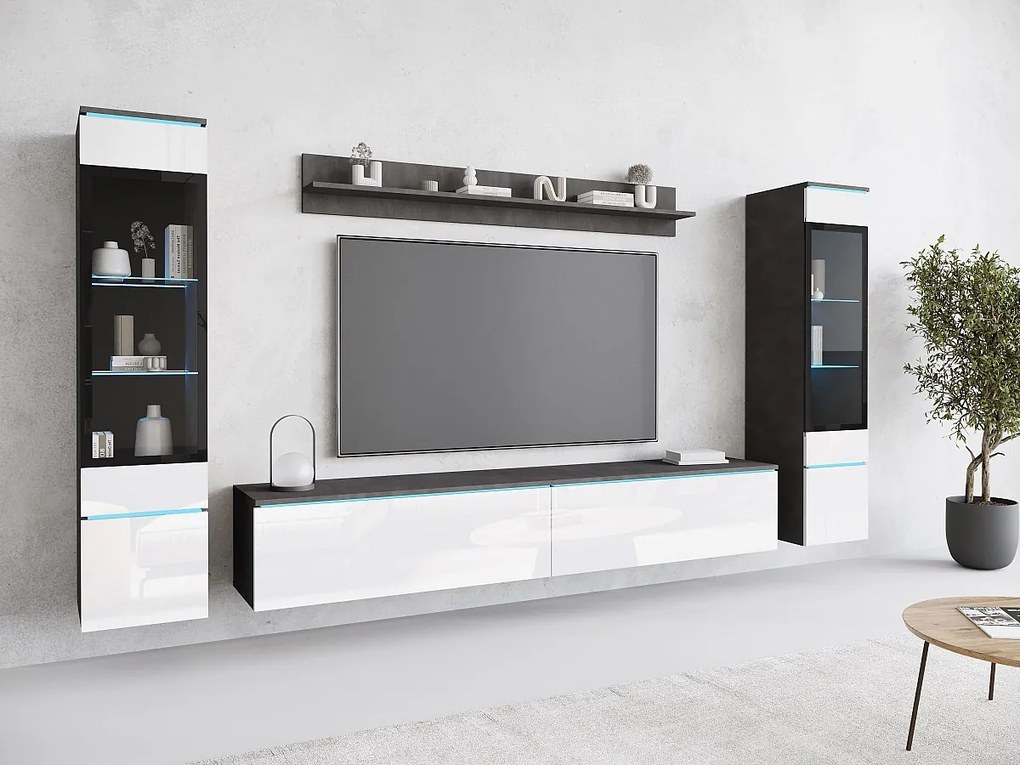 Zestaw mebli do salonu z LED 4 elementy – szafka RTV 180 cm, 2 witryny i półka, stojąca lub wisząca, korpus antracyt, fronty biały połysk