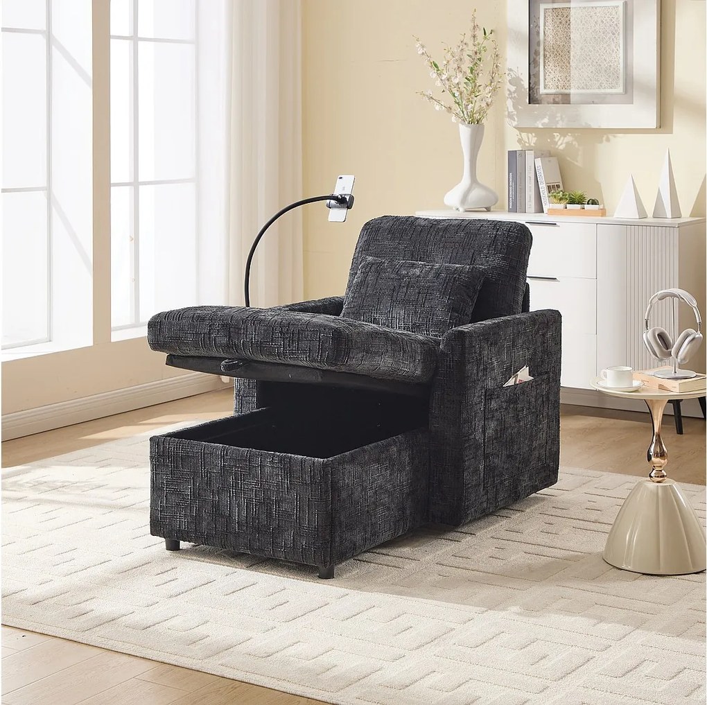 1-osobowa sofa z 2 kieszeniami bocznymi - Sofa do salonu z uchwytem na telefon i ukrytym schowkiem - czarna szenil