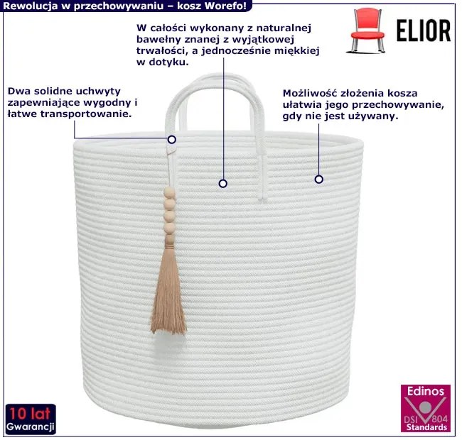 Biały bawełniany kosz na pranie w stylu boho B8-S12