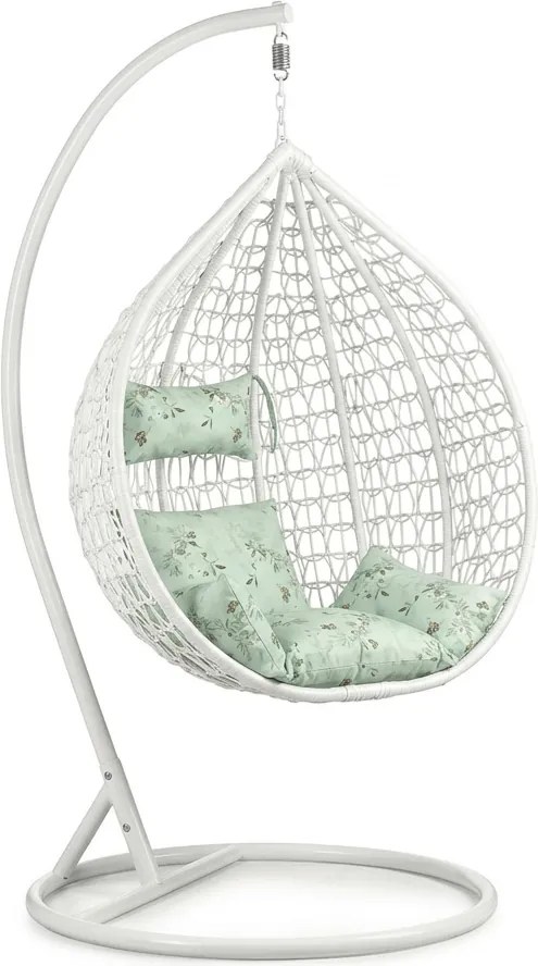 Białe wiszące krzesło KOKON ze stojakiem, jasnozielona poduszka ze wzorem